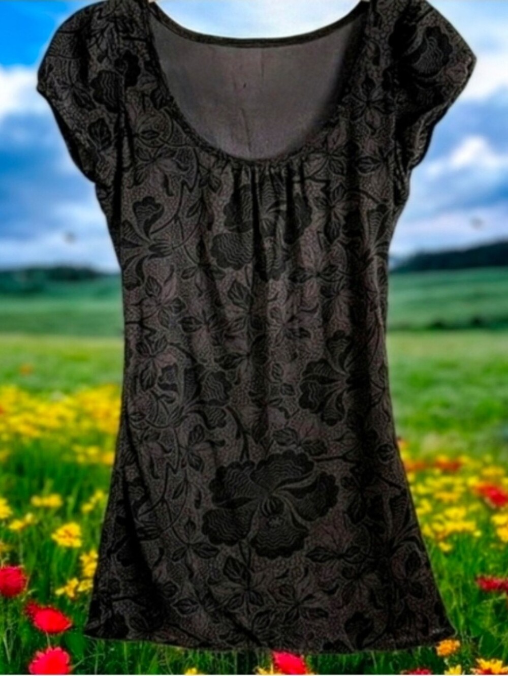 Vintage Y2K Express Cap Sleeve Floral Scoop Neck Sheer Arm. Sz. L